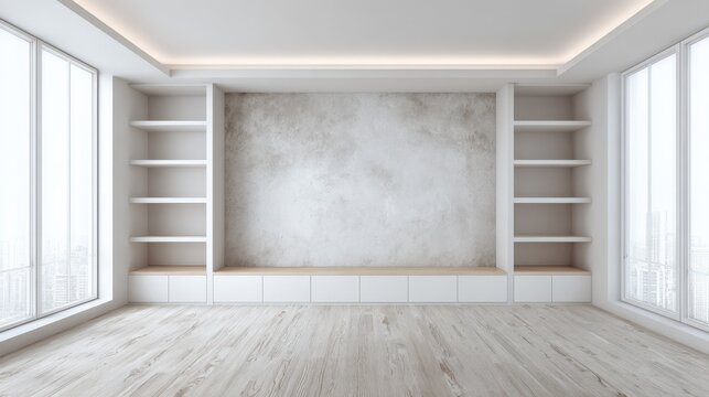 Modern minimalist living room interior with built in shelves and large windows providing ample natural light