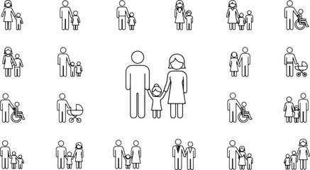 Diverse family icons representing various family structures and life stages