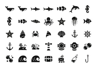 A detailed set of black silhouette icons showing marine life and nautical objects. Vector graphic collection with sea animals and ocean symbols