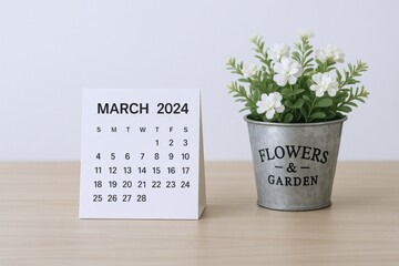 March 2024 Calendar with White Flowers in a Decorative Pot on a Wooden Surface, Representing Spring