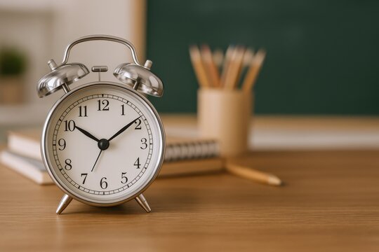 Alarm clock on desk with stationery and books symbolizing study time and deadlines