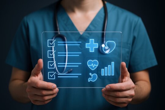 Healthcare Professional Holding Transparent Screen Displaying Medical Icons, Representing Modern Medicine and Digital Health Technology