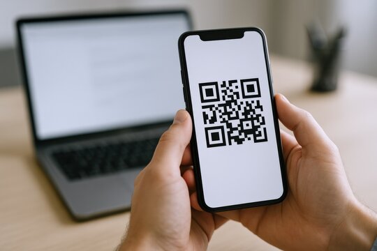Hands Holding Smartphone Displaying QR Code for Contactless Payment or Information Access with Laptop