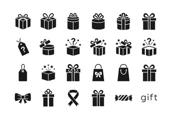 Vector icon set of gift boxes and presents. Black silhouette symbols for celebration, birthday, and holidays
