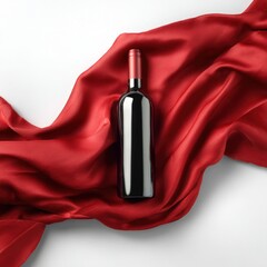 Elegant red wine bottle resting on luxurious crimson satin fabric, creating a sophisticated atmosphere