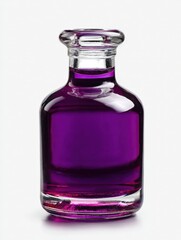 A small glass bottle filled with vibrant purple liquid, set against a plain background