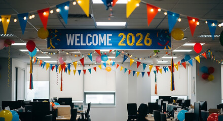 Holiday-themed office party preparation, with a focus on the "WELCOME 2026" banner, reflecting a bright and festive corporate celebration atmosphere.