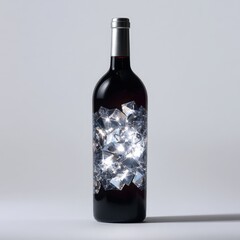 Elegant wine bottle with sparkling crystals inside, set against a minimalist background