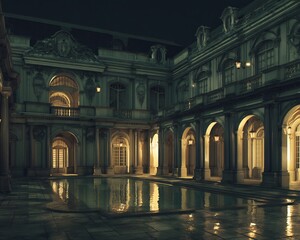 Vintage european courtyard art print, old world architecture, dark academia wall decor, unframed, various sizes