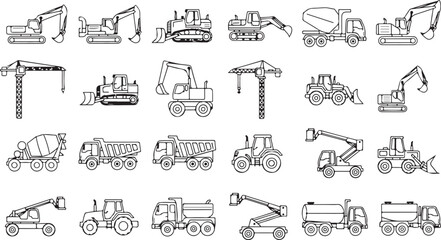 Construction vehicles and machinery icons set in outline style illustration
