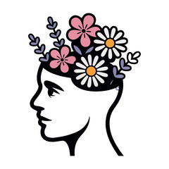 Black silhouette profile woman head with pink white flowers and purple leaves face
