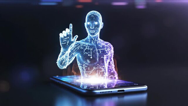 A futuristic digital human hologram emerging from a smartphone screen, representing advanced technology. - Powered by Adobe