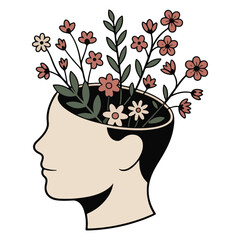 Human head profile filled with blooming flowers and green leaves face silhouette