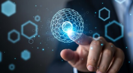 Hand touching a glowing digital sphere with interconnected lines and hexagonal shapes, representing technology and data