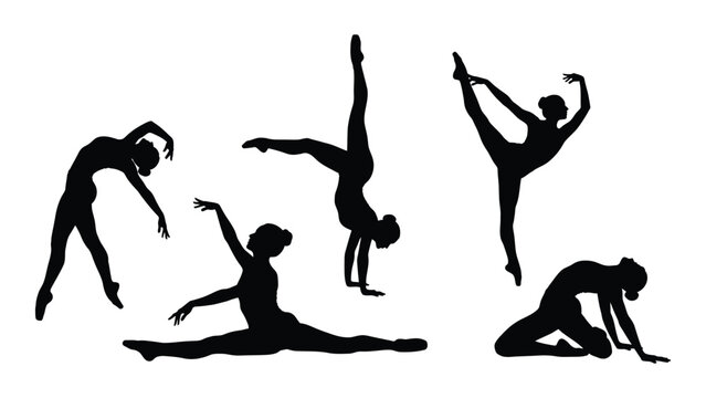 Dynamic female silhouettes in dance and gymnastics poses isolated on white background, Vector
