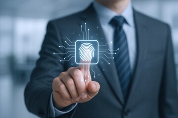 Businessman using biometric fingerprint scan, accessing data with futuristic digital technology, enhancing cybersecurity measures