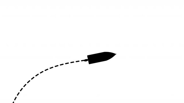 speedboat with dotted path upward right animation on white background. 4k video dashed line path route animation