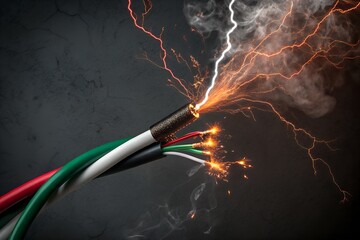 Close up of frayed electrical wires sparking and arcing with intense orange and white light against a dark textured background symbolizing danger and power