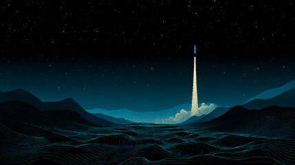 A rocket launch against a starry sky background, with a pattern of mountains and rivers in the foreground, in a vector illustration style featuring geometric lines and a simple, flat design.