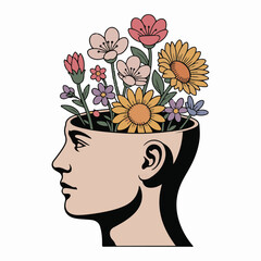 Profile head filled with colorful blooming flowers and green leaves human face