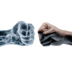 Anatomy and Force: A striking visual composition contrasts the tangible with the intangible, juxtaposing a solid, human fist with an X-ray image, and sparking contemplation.