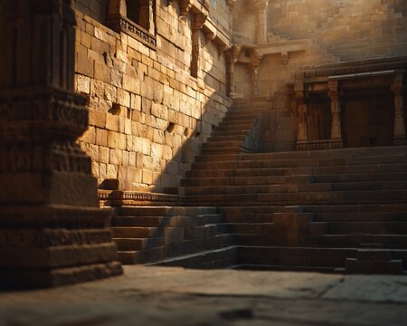 Ancient stone staircase poster, historical architecture print, old temple wall art, unframed, size a4, beige - Powered by Adobe