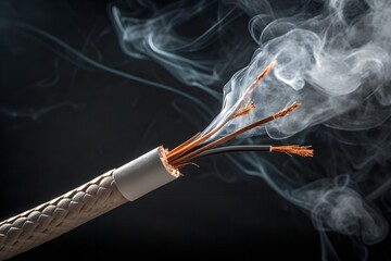 Close up of a frayed electrical wire with exposed copper strands emitting white smoke against a dark background symbolizing danger and electrical hazard