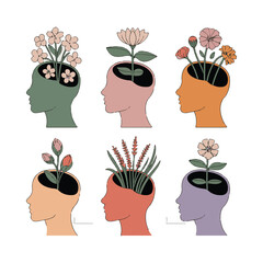 Six profile heads with flowers growing inside their minds silhouette brain vector