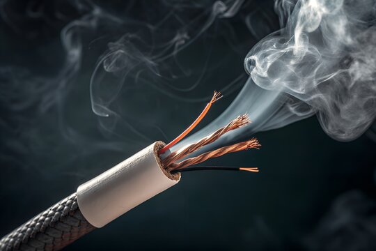 Close up of a damaged electrical cable with exposed wires emitting smoke and sparks against a dark background symbolizing danger and electrical failure