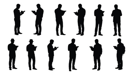 Silhouettes of men writing and taking notes isolated on white background, Vector