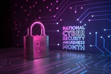 Digital padlock glowing with neon light on a circuit board background symbolizing cybersecurity awareness month and data protection in the digital age