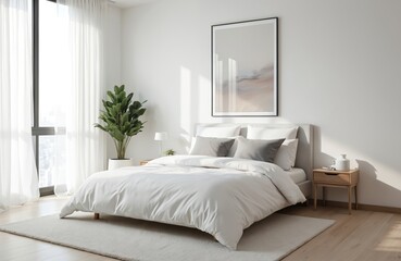 Fototapeta premium Modern white bedroom with large window, bed, and plant. Interior design features neutral colors, artwork, and clean lines. Natural light fills the tranquil space.