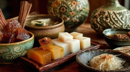 Traditional Asian dessert tray featuring translucent jellies and candied sweets with decorative ceramic bowls on rustic wooden table in warm atmospheric lighting