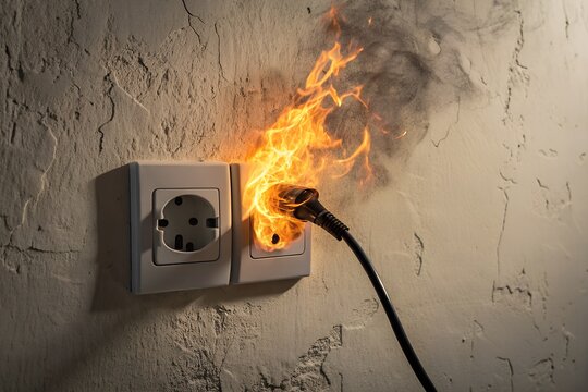 Electrical outlet on a textured wall engulfed in bright orange flames with smoke billowing upwards indicating a dangerous short circuit or fire hazard