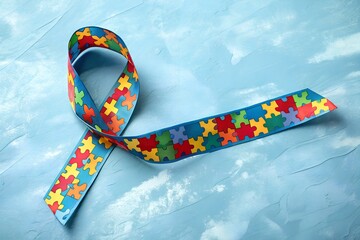 A vibrant autism awareness ribbon made of colorful puzzle pieces lies on a textured blue background symbolizing hope and understanding for individuals with autism spectrum disorder