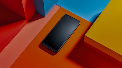 Modern smartphone with blank screen resting on vibrant colorful geometric shapes background with contrasting red, blue, yellow, and orange tones creating abstract de