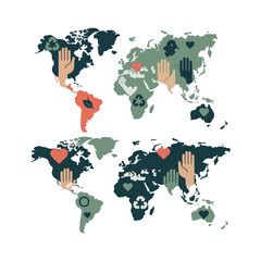 World map with hands hearts recycling symbols and leaf on white background globe earth