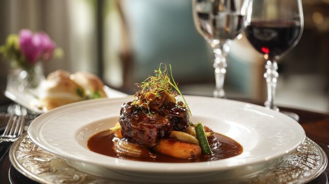 Elegant restaurant plating with glazed meat portion garnished with microgreens served on white china alongside wine glasses in upscale fine dining atmosphere