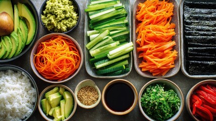 Colorful sushi ingredients with rice avocado cucumber carrots nori seaweed and sauces arranged in bowls for traditional Japanese cuisine meal preparation display