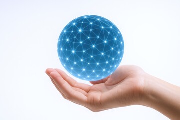 Network Sphere Floating Over Hand: Connection, Technology, and Innovation Concept on White Background