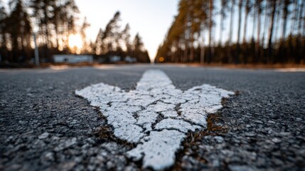 Road with direction arrow leading to horizon at golden hour, depicting forward movement and travel