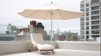 Obraz premium Rooftop Relaxation: Lounge Chair and Umbrella with City Skyline Views on a Sunny Day