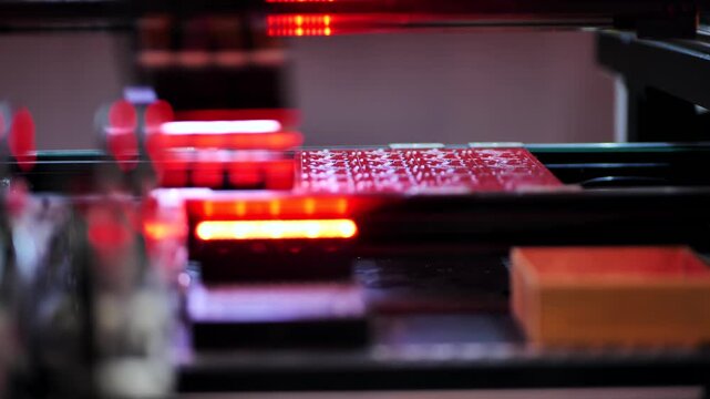 Automated robot arm placing components on circuit board in electronics factory