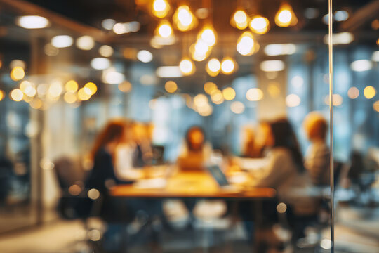 Blurred view of a collaborative team meeting in a modern office with warm lighting creating a productive and inviting workspace atmosphere