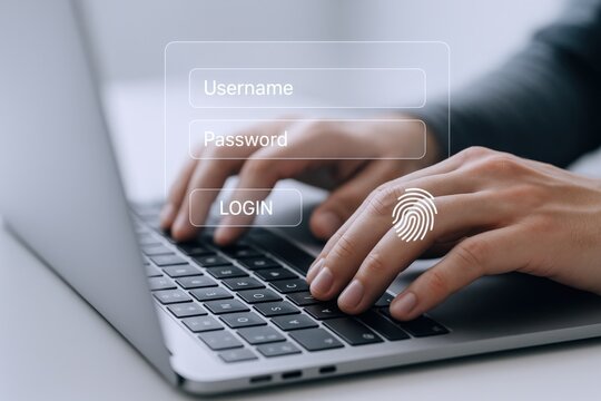 Data protection concept displaying user typing on laptop keyboard with fingerprint identification for cybersecurity and access