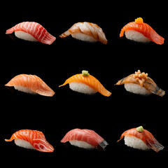 AI Image of a various delectable sushi types set against a deep black background