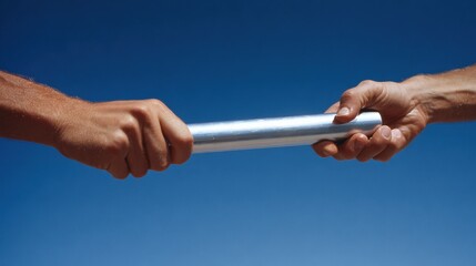 Relay Race Exchange: Hands Passing Silver Baton Against a Bright Blue Sky, Teamwork and Competition