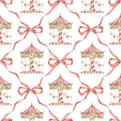 Amusement park. Watercolor hand-drawn charming seamless pattern with merry go round, red wavy ribbon and bows. Whimsical drawings print. © Nellya Egorova