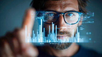 Focused man analyzing futuristic translucent digital graphs and data visualizations on transparent screen in low light environment for business insights