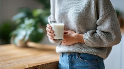 Fototapeta premium Woman holding glass of milk experiencing discomfort, concept of lactose intolerance or digestive problems at home